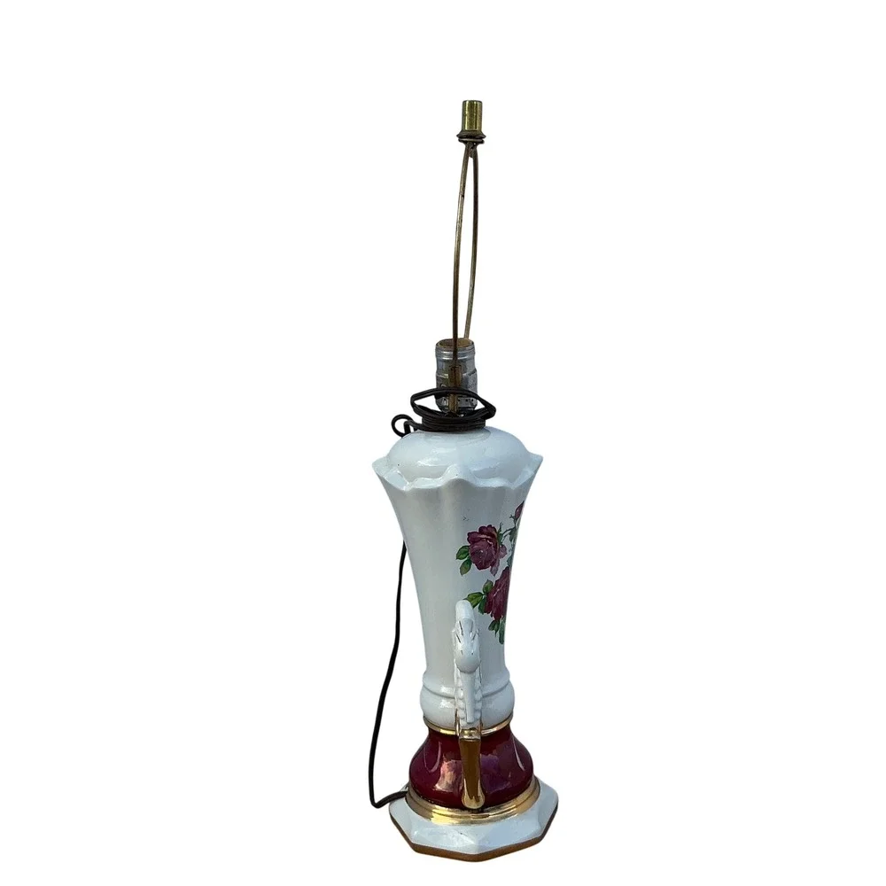 Vintage Swan Handle Ceramic‎ Lamp Floral Rose Design Gold Trim Burgundy White